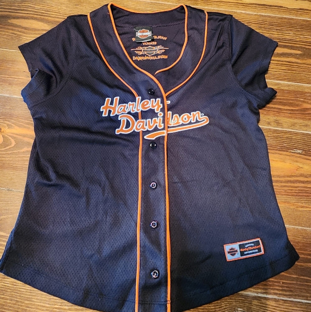 Harley-Davidson Black Button Up with Orange Trim Patch